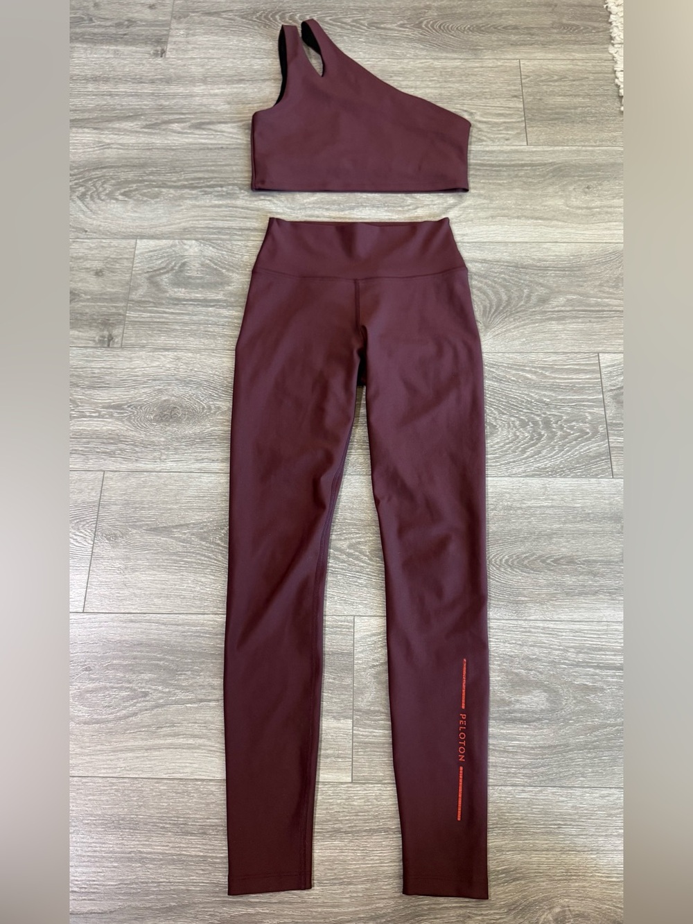Peloton Maroon High-Rise Leggings and Matching Asymmetrical Sports Bra